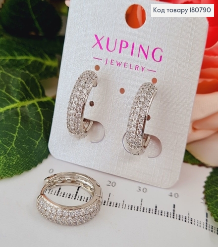 Сережки родированые кольца три ряда камней, 1,5*0,5см, Xuping 180790 фото 1