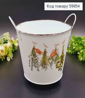 Відерце-кашпо, метал, білого кольору з травами, висота 14см, Польща 591154 фото