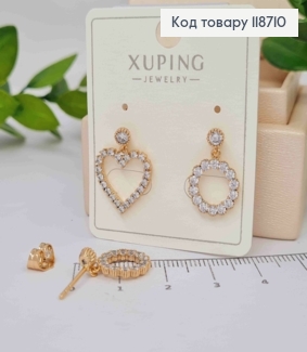 Серьги гвоздики Асимметричные "Сердце+Коло" с Блестящими камешками, 1,5см, Xuping 18K 118710 фото