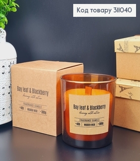 Аромасвічка стакан BISPOL Лавровий листок ожина з дерев'яним гнотом 300 г/40 годин, 100-080-325 311040 фото