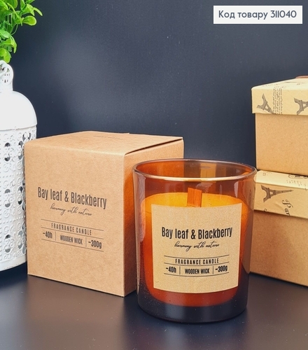 Аромасвічка стакан BISPOL Лавровий листок ожина з дерев'яним гнотом 300 г/40 годин, 100-080-325 311040 фото 1