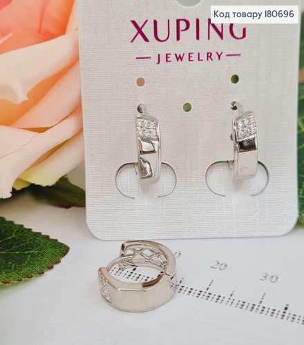 Сережки родированые кольца Граненные с камнями, 1,5*0,5см, Сережки родовані, Xuping 180696 фото 2