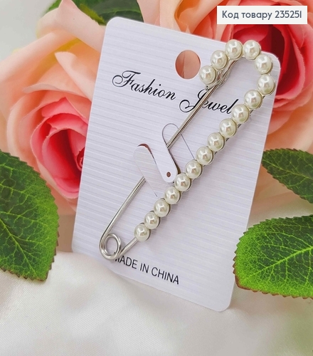 Брошь металл, Булавка серебряного цвета, в жемчужинах 7,5см 235251 фото 1