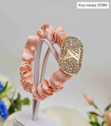 Резинка жатка 6см, Рожевого кольору, з пластинкою "Луї Вітон" в камінцях 253184 фото 1