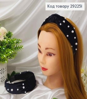 Обруч велюр Чалма з бусинками, колір ЧОРНИЙ, ручна робота, Україна 292251 фото