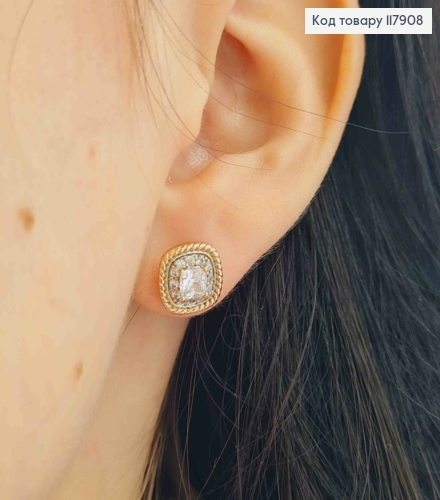 Серьги гвозди "Ромбы" с Блестящим камешком в оправе из камешков,1см, Xuping 18K 117908 фото 3
