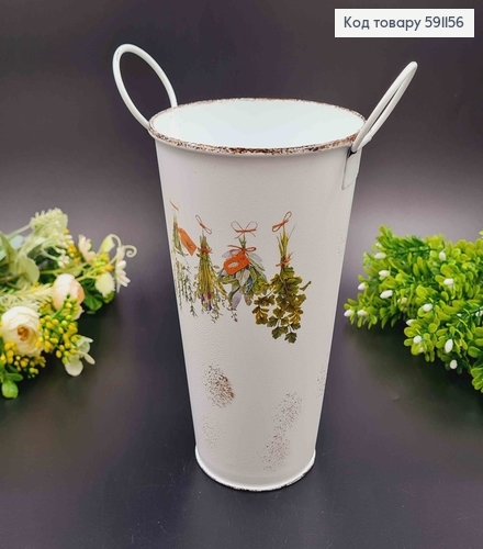 Ведерко-кашпо, металл, белого цвета с травами, высота 19,5см, Польша 591156 фото 1