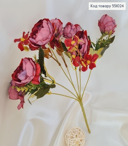 Букет пиона бордовый из 7 веточек на металлическом стержне 33 см. 551024 фото 1