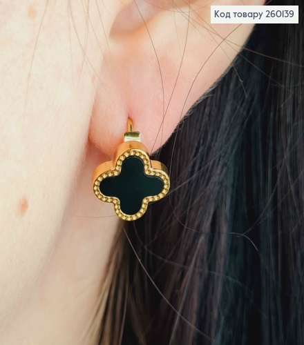 Серьги кольца, "Van Cleef" с черной эмалью, 1,3см, лимонного цвета, сталь Stainless Steel 260139 фото 2