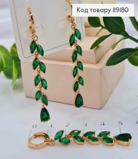 Сережки кільця (1,1см) з підвіскою Гілочка з Зелених камінців (4,1см), Xuping 18K 119180 фото