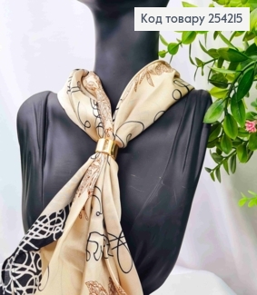 Платок с колечком, Кремового цвета с рисунком "Цветок", 70*70см, 100% полиэстр (шелк) 254215 фото