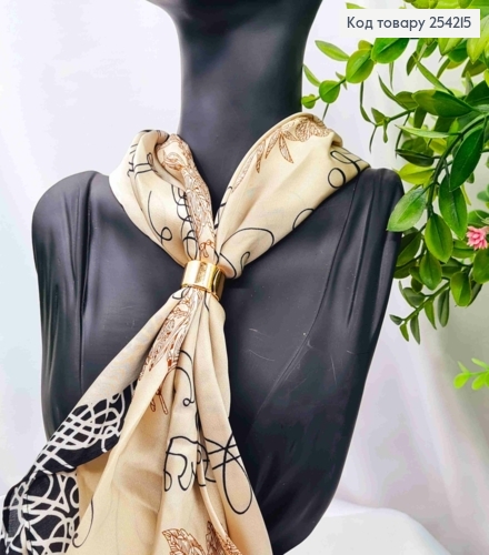 Хустка з колечком, Кремового кольору з малюнком "Квітка", 70*70см, 100% поліестр (шовк) 254215 фото 1