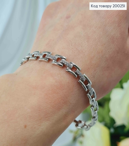 Браслет родований, плетений прямокутними пластинками з перетинками в камінцях, 17+2см, Xuping  200251 фото 1