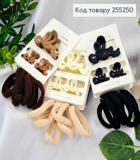 Набір: заколка Краб-БАНТИК (3шт/5см;2,5см), Резинка-Мікрофібра (7шт/4см), Пастельні кольори в асорт. 255250 фото