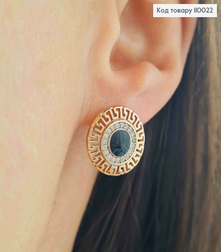 Сережки ВЕРСАЧЕ з Блискучими камінцями та Чорною емаллю, 1,5см, англійська застібка, Xuping 18К 110022 фото 1