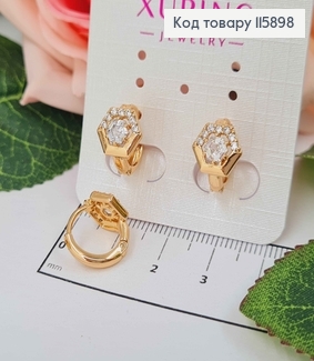 Сережки кільця 1см, Шестигранник з камінцем, Xuping 18K  115898 фото