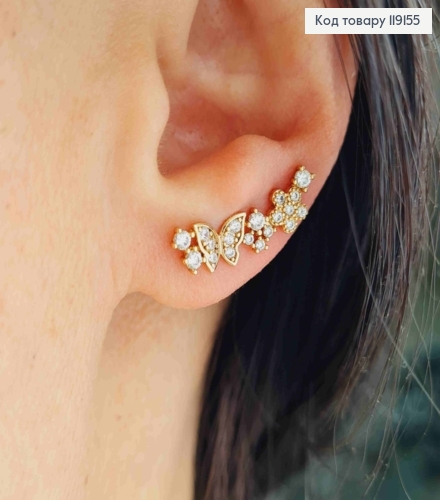 Серьги крючки Бабочки и Цветочки с Камешками, 1,9см, Xuping 18К 119155 фото 1
