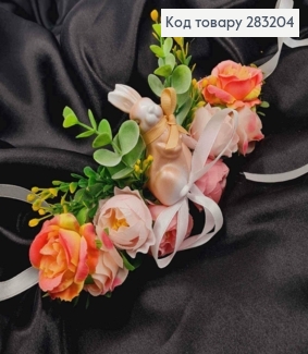 Повязка для корзины Розовые цветы с зайчиком на завязках, размер: 22*11см, Украина 283204 фото