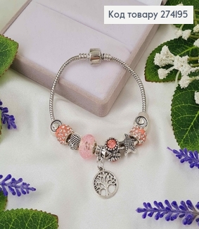 Браслет под Пандору 18см, серебряного цвета с розовыми шармиками. 274195 фото