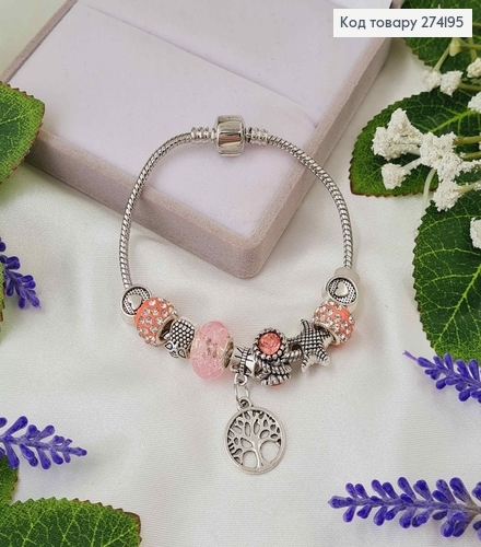 Браслет под Пандору 18см, серебряного цвета с розовыми шармиками. 274195 фото 1