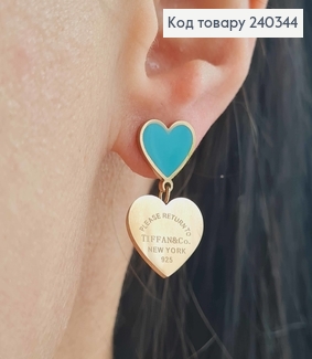 Серьги гвоздики, с подвесками сердечками, с голубой емаллю, золотого цвета, сталь Stainless Steel 240344 фото