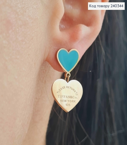 Серьги гвоздики, с подвесками сердечками, с голубой емаллю, золотого цвета, сталь Stainless Steel 240344 фото 1