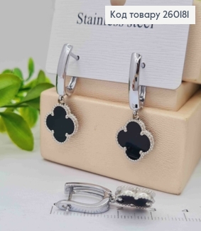 Серьги серебряного цвета с подвеской Van Cleef с Черной эмалью, 1,8+1,2см, Stainless Steel 260181 фото