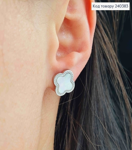 Серьги гвоздики серебряного цвета, с белой эмалью, "Van Cleef", 1,3см, сталь Stainless Steel 240383 фото 2