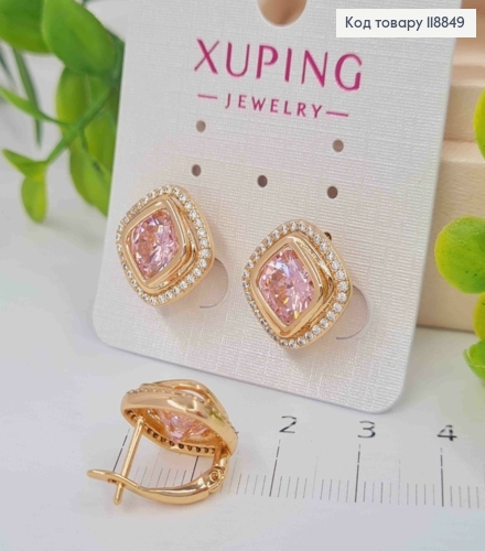 Серьги "Глаза Сфинкса" с Розовым камнем в оправе из камешков, 1,4см, англ. застежка, Xuping 18К 118849 фото 1