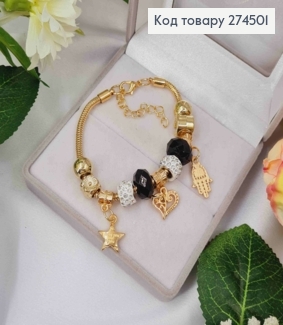 Браслет "ПАНДОРА" с шармиком в камешках (Звезда-Сердце-Рука), золотого цвета, бижутерия. 274501 фото