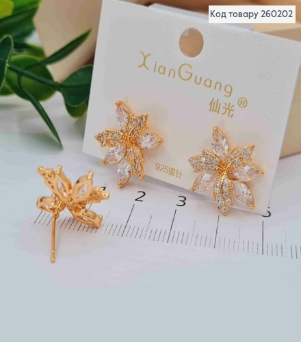 Сережки гвіздки золотого кольору, "Кленове листя" в камінцях (1,8см),сталь XianGuang 260202 фото 2