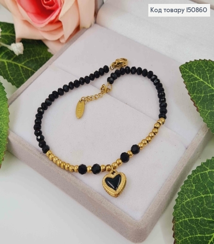Браслет из черных и лимонных бусинок, с подвеской Сердце, дл.18+3см, Xuping 150860 фото 1