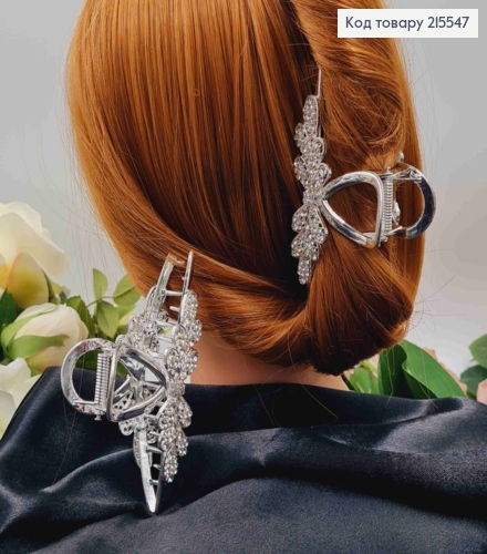 Краб метал КВІТОЧКА срібного кольору в камінцях, довжина 11,2см 215547 фото 2