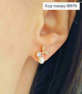 Серьги гвоздики "Вишенки" с Блестящими камнями и Жемчужкой, длина 1см, Xuping 18K 118976 фото