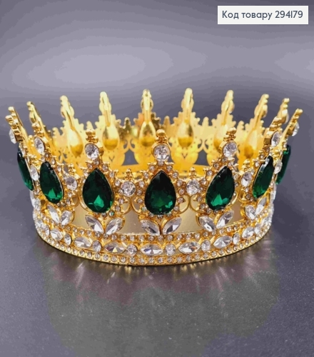 Корона под Золото, "Королевская" с ЗЕЛЕНЫМИ камушками, диаметр 12,5см, высота 5,5см (можно на торт) 294179 фото 1