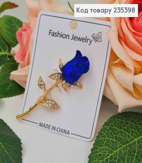 Брошка, "Синя Троянда" з Блискучими камінчиками, 6,5см, Золотого кольору 235398 фото