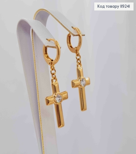 Серьги кольца с подвеской Крестик с камнем (2,2*1,2см), диаметр 1,1см, Xuping 18K 119241 фото 1