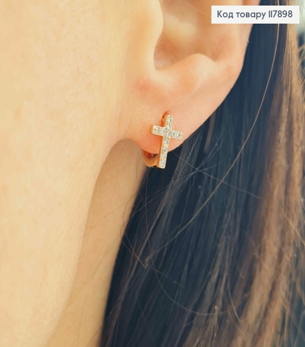 Серьги кольца (0,9см), с Крестиком в камешках, (0,9*0,7см), Xuping 18K 117898 фото 2