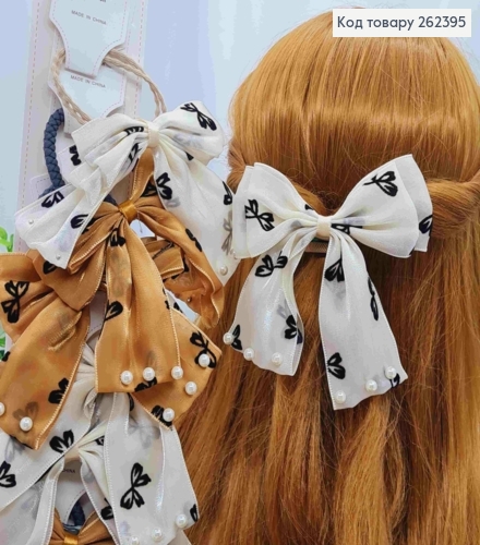 Бант з Бусинами+ принт "БАНТ", Пастельні кольори в асорт, на резинці 5,5см, тканина органза, 11*10см 262395 фото 1