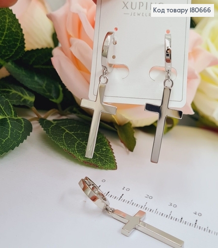 Сережки родированые кольца с подвесками хрестами, 5,5*1,5см, Xuping 180666 фото 1
