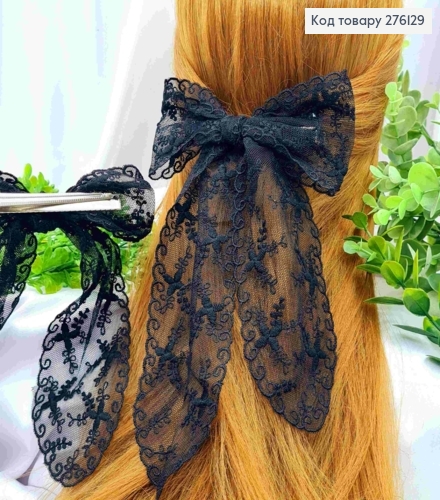 Бант ЧЕРНОГО цвета, на заколке 9,5см, ткань кружево, разм 13,5*23см 276129 фото 1