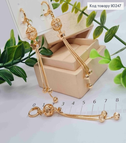 Сережки кільця з підвісними ланцюжками в камінця та з Метеликом, розмір 1,1+7,5см, Xuping 18K 110247 фото 2