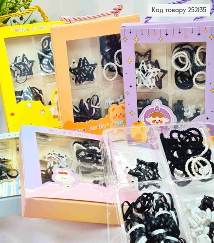 Набор детский: резинки Шнурок/Силиконовая + Крабы "Цветок" + Тик-так "Звезда", Черно-Белого цвета 252135 фото 1