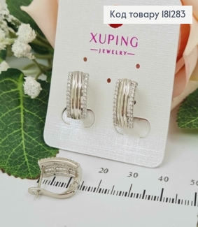 Серьги родованные, пластинки, рифленые с двумя линиями камней, англ. застежка 1,5см, Xuping 181283 фото