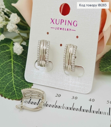 Серьги родованные, пластинки, рифленые с двумя линиями камней, англ. застежка 1,5см, Xuping 181283 фото 1