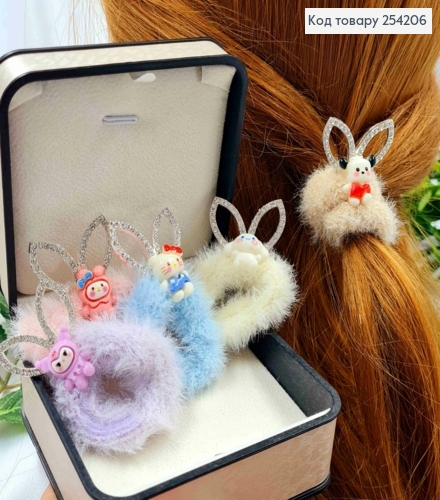 Резинка "ПУШОК" с Животным и Ушками (3*2см) в камешках, Цвета в ассортименте, 4см 254206 фото 1