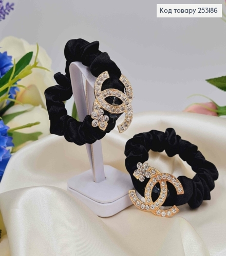 Резинка жатка 6см, Черного цвета, с пластинкой "Шанель" с цветочком, в камнях 253186 фото 2