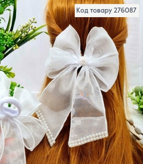 Бант БЕЛЫЙ с Бусинками, на резинке, ткань органза, размер 13*20см, ручная работа, Украина. 276087 фото