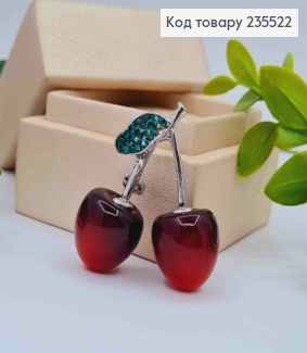 Брошь металл "Вишенки-Черешеньки" украшена камешками, 4*3см, Серебряного цвета. 235522 фото