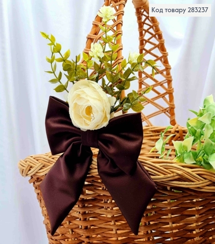 Повязка для корзины КОРИЧЕСКИЙ Бант с Кремовой Розой, на завязках, размер 14*27см, Украина 283237 фото 1